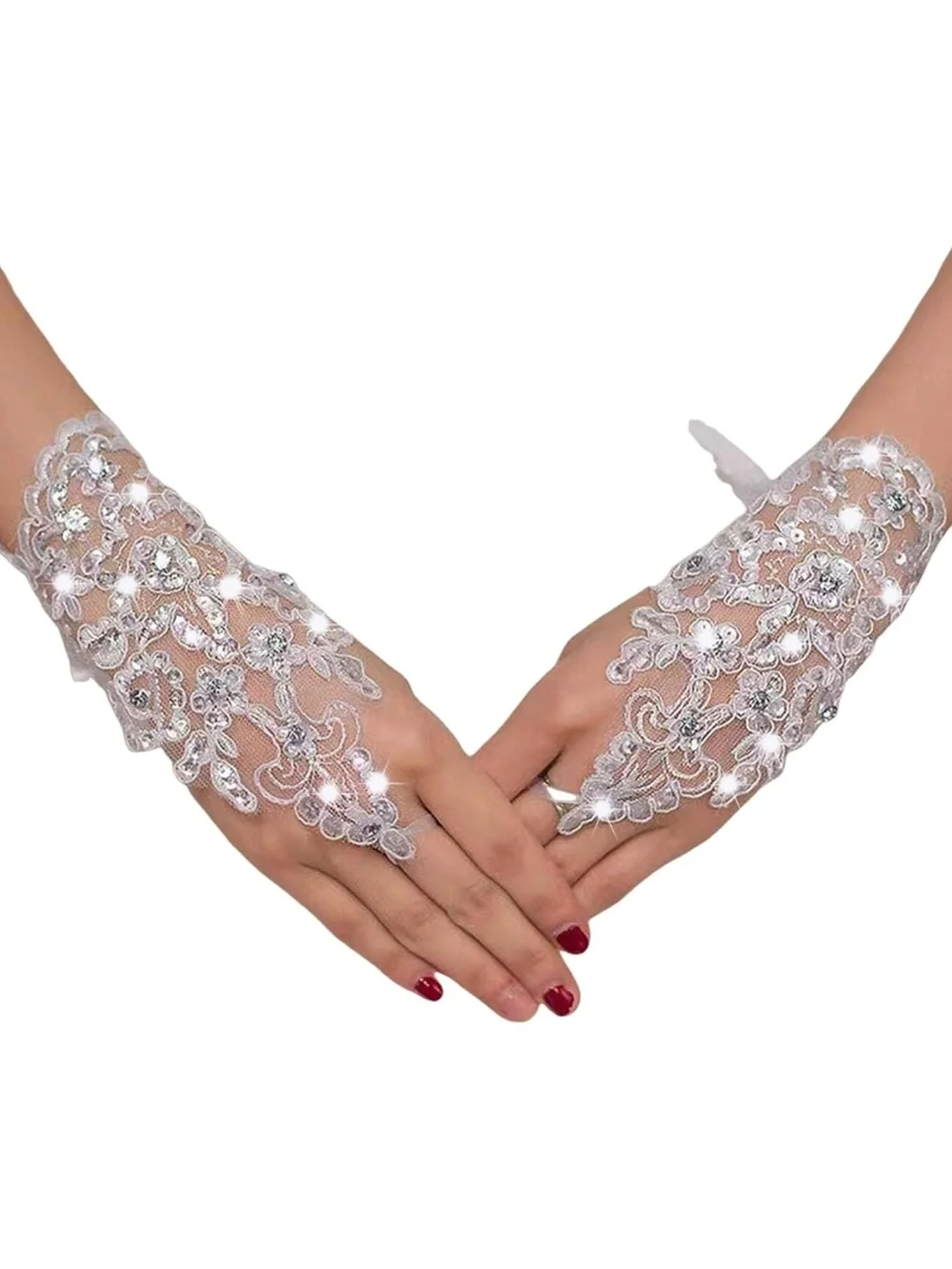 Lace Fingerless Gloves with Sequin Embellishments - White
